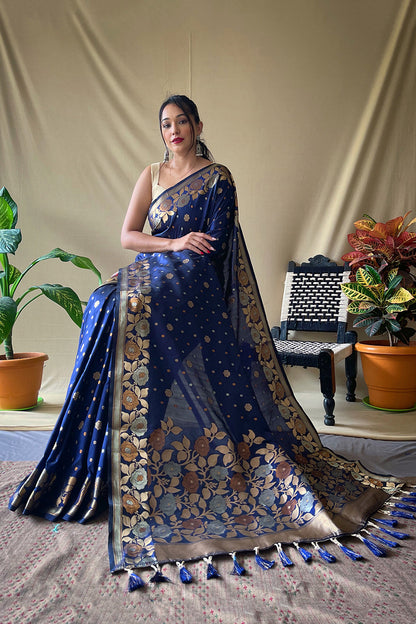 Navy Blue Soft Silk Saree With Golden Zari Weaving Work