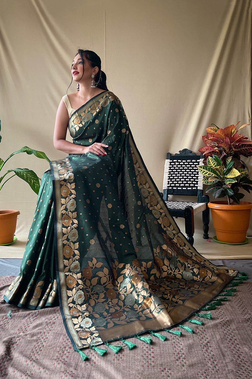Dark Green Soft Silk Saree With Golden Zari Weaving Work