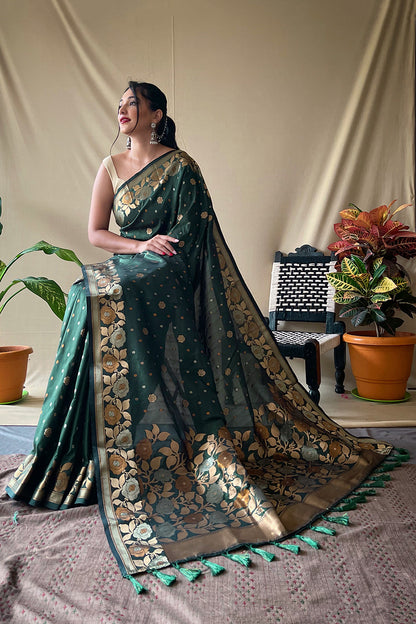Dark Green Soft Silk Saree With Golden Zari Weaving Work
