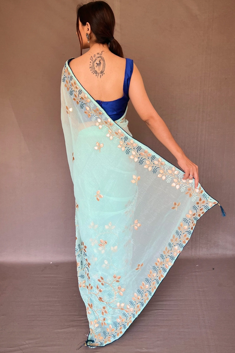 Sky Blue Chiffon Saree With Embroidered Work