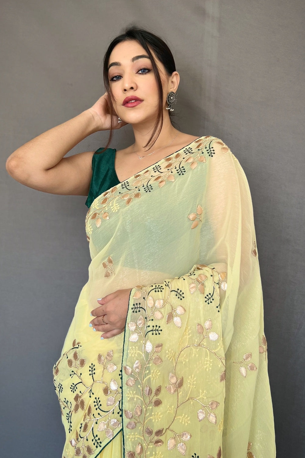 Yellow Chiffon Saree With Embroidered Work