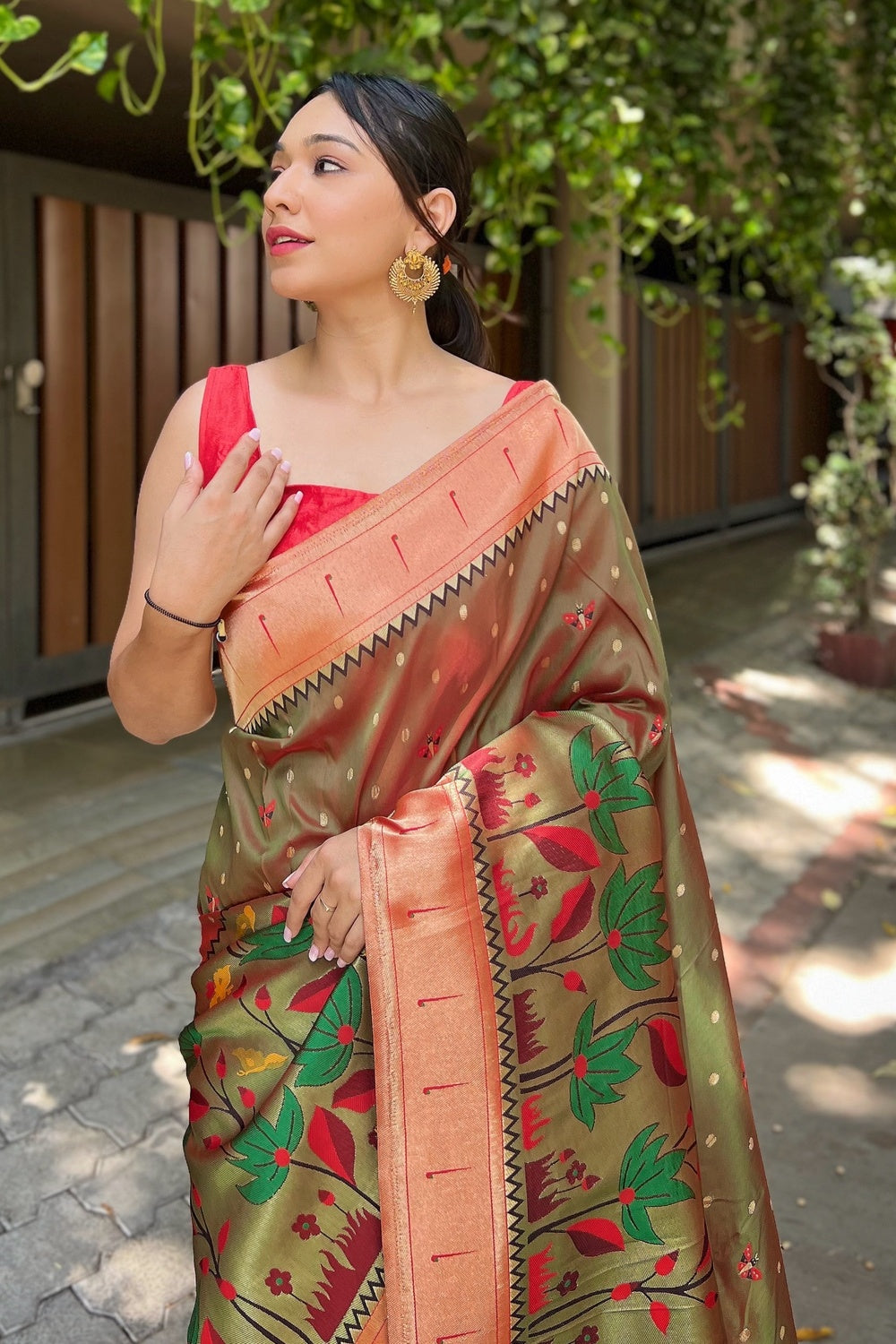 Mehndi Green Paithani Silk Saree With Weaving Work
