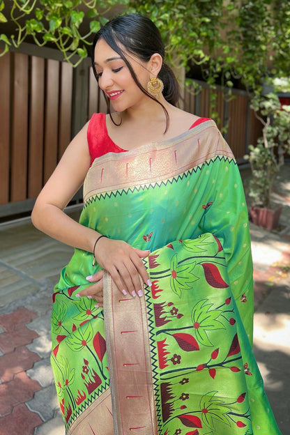 Olive Green Paithani Silk Saree With Weaving Work