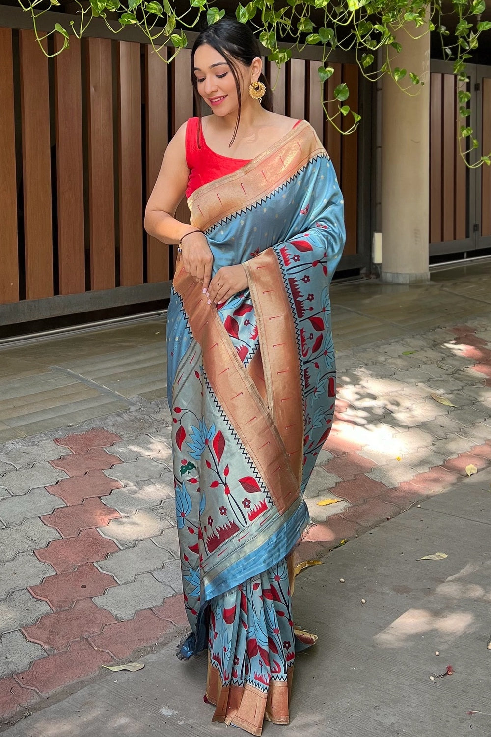 Pastal Blue Paithani Silk Saree With Weaving Work
