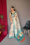 Sky Blue & Beige Chanderi Silk With Digital Printed Saree