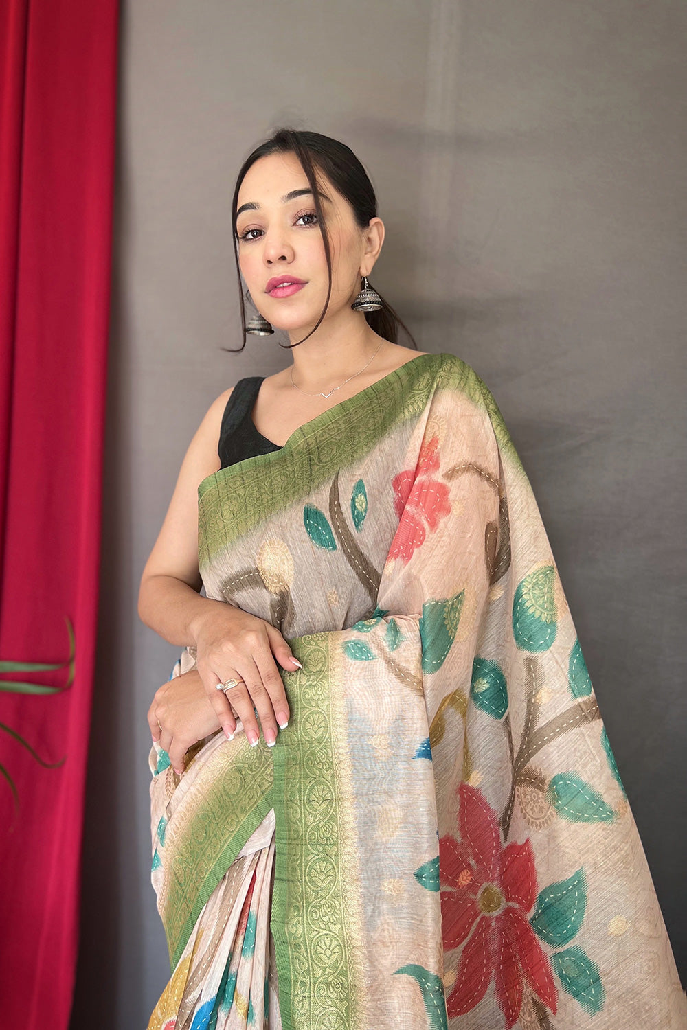 Off White &amp; Sea Green Chanderi Silk With Digital Printed Saree
