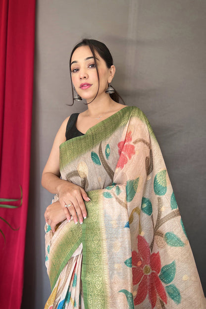 Off White &amp; Sea Green Chanderi Silk With Digital Printed Saree