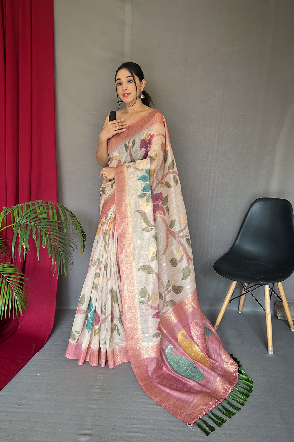 Light Pink Chanderi Silk With Digital Printed Saree