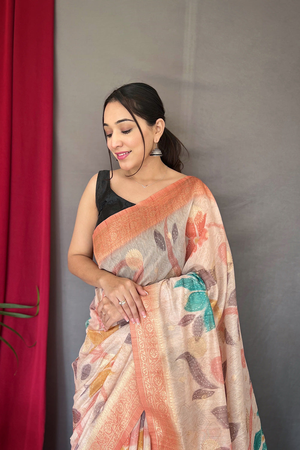 Peach Chanderi Silk With Digital Printed Saree