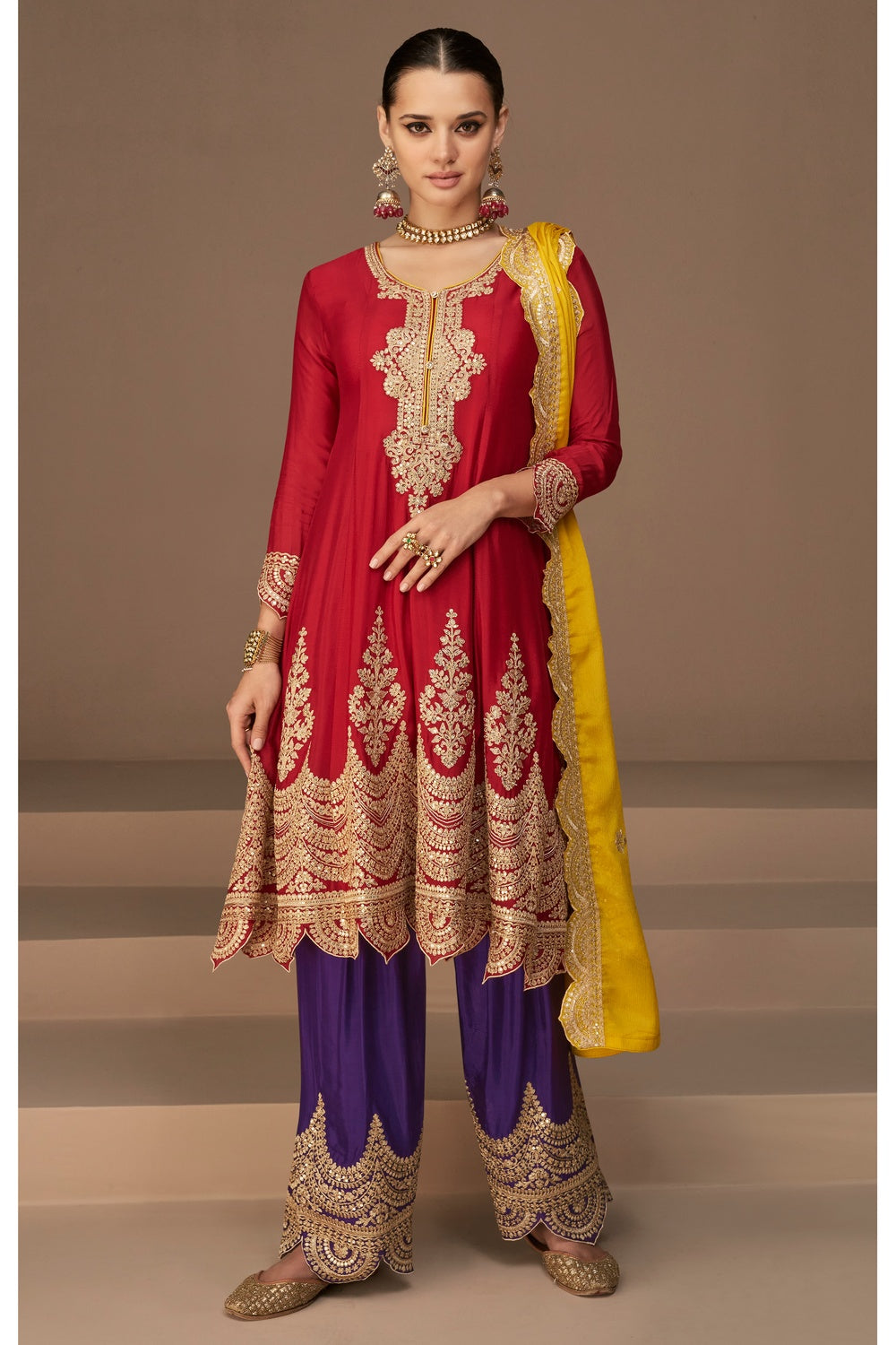 Red Chinnon Silk Embroidery Work Salwar Suit