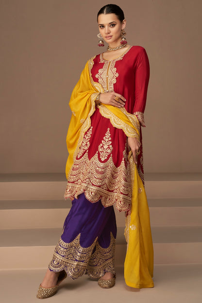 Red Chinnon Silk Embroidery Work Salwar Suit