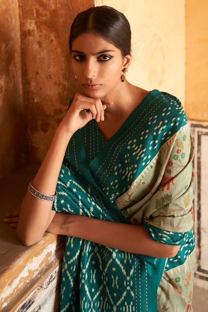 Sage Green &amp; Rama Blue Tussar Silk With Printed Saree