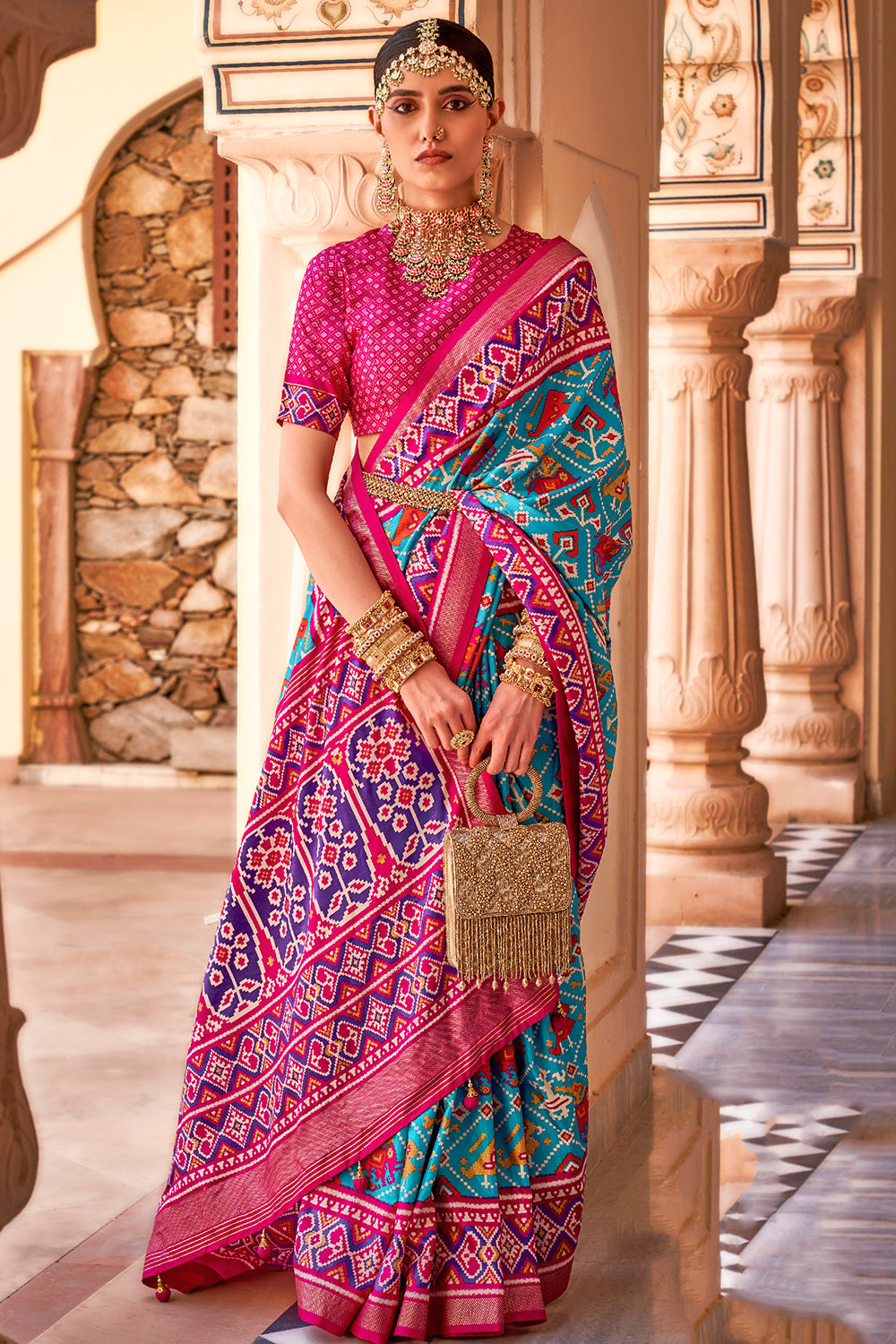 Cerulean Blue Patola Saree With Printed Work