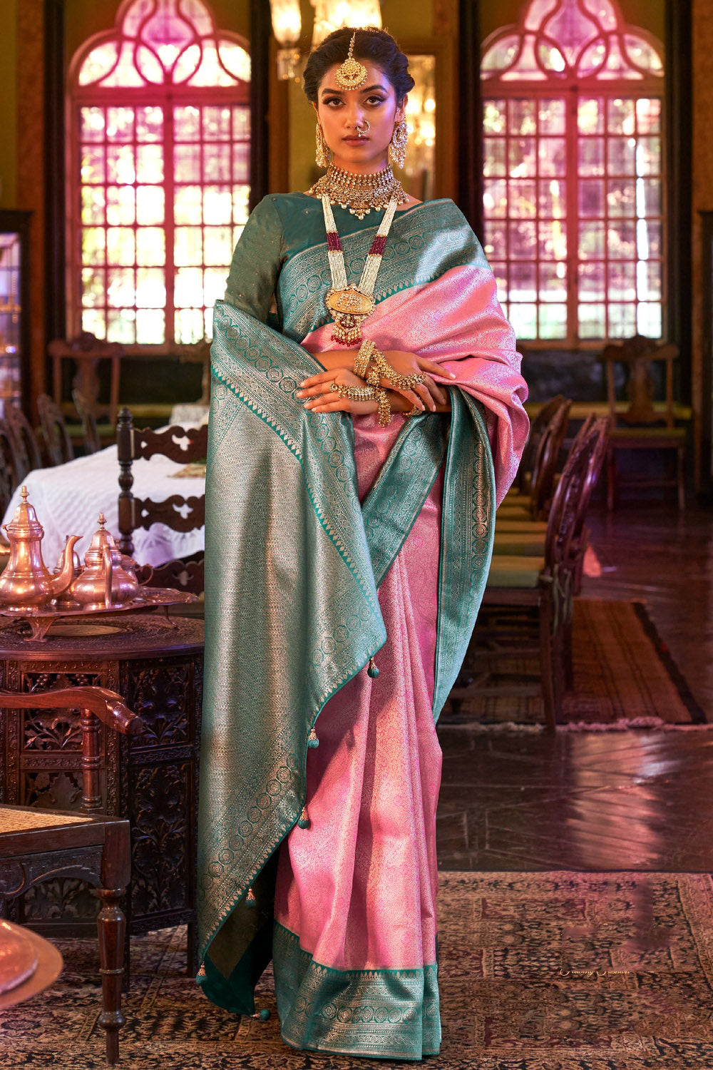 Pink &amp; Light Blue Kanjivaram Silk Saree With Weaving Work