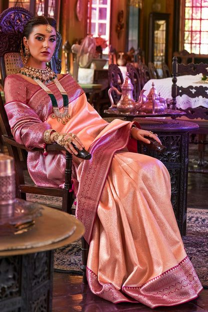 Peach &amp; Pink Kanjivaram Silk Saree With Weaving Work
