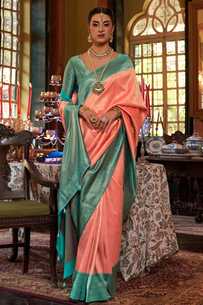 Creamy Peach Kanjivaram Silk Saree With Weaving Work