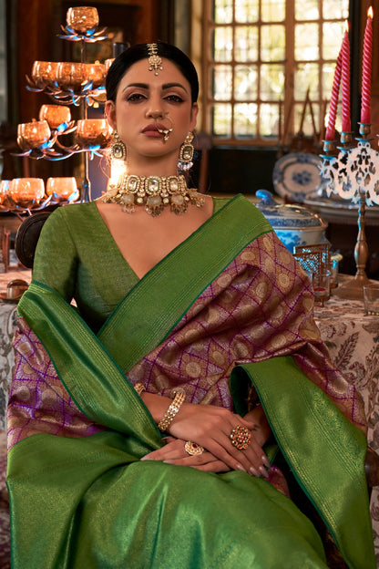 Green &amp; Purple Kanjivaram Silk Saree With Weaving Work