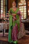 Green & Purple Kanjivaram Silk Saree With Weaving Work
