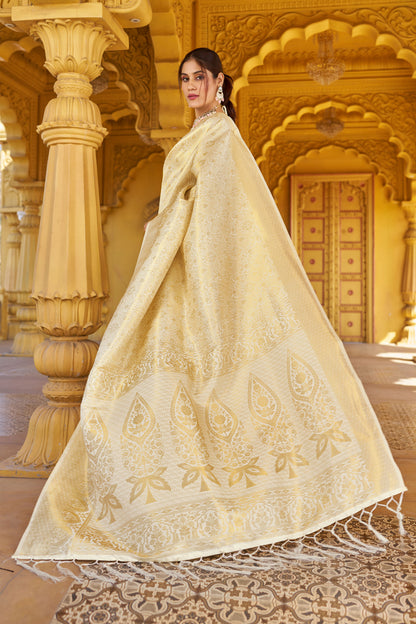 Cream Handloom Weaving Silk Saree