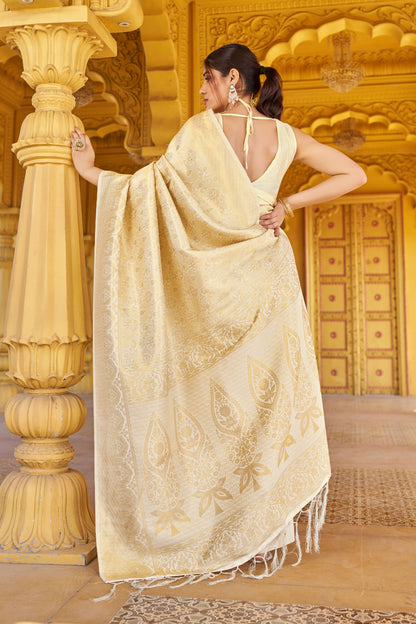 Cream Handloom Weaving Silk Saree