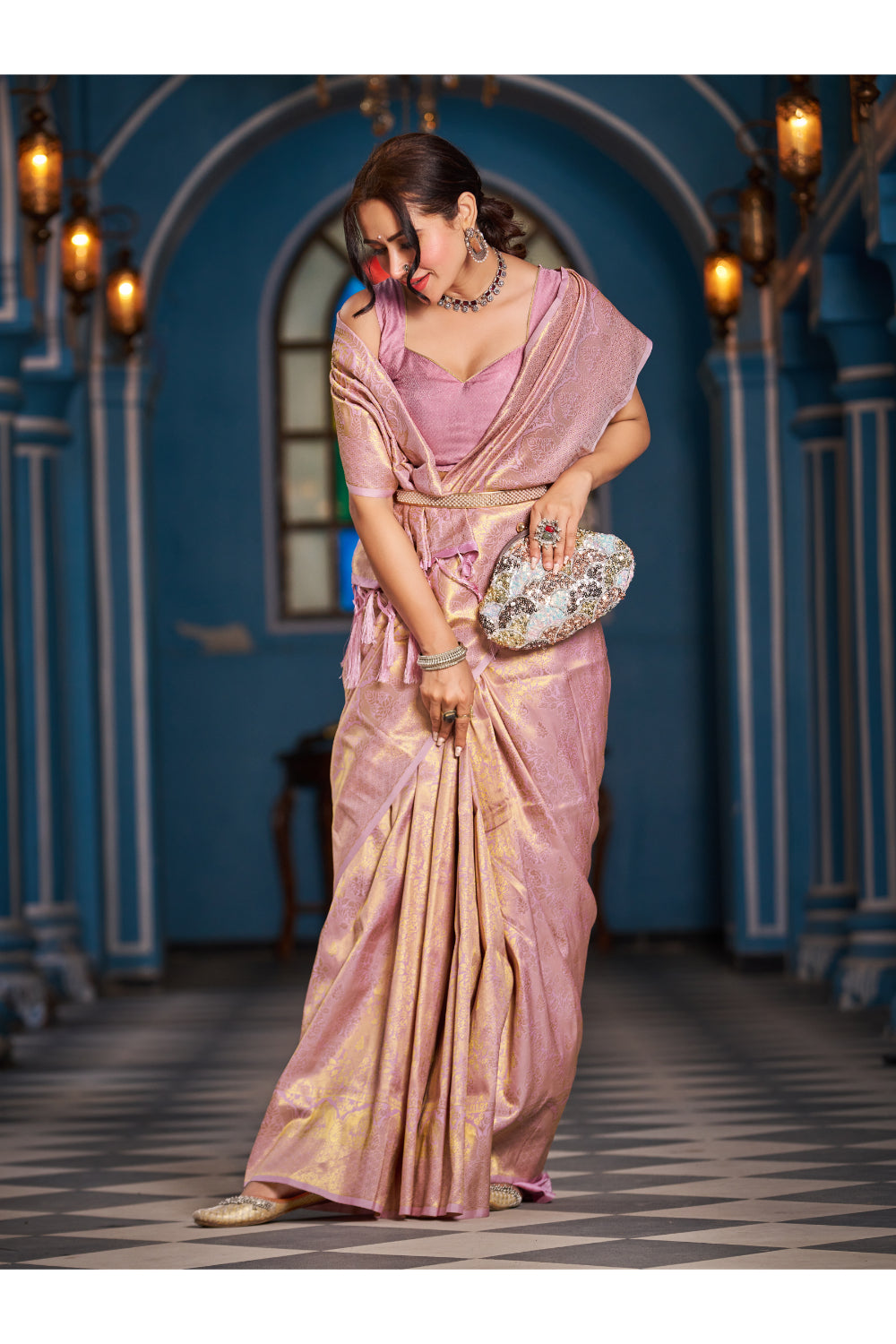 Baby Pink Handloom Weaving Silk Saree