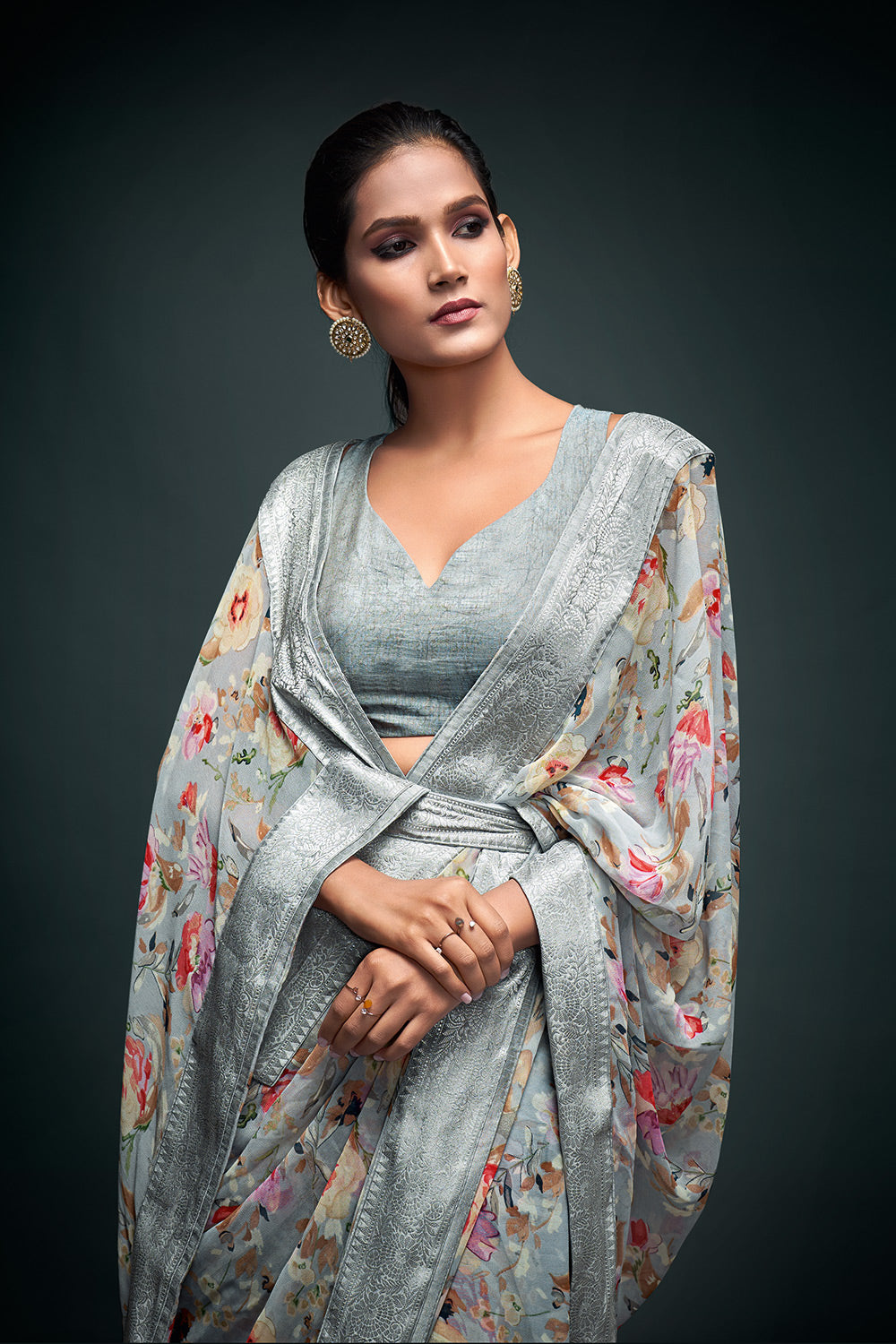 Grey Floral Printed Georgette Saree With Blouse