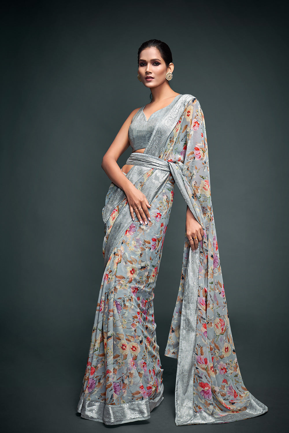 Grey Floral Printed Georgette Saree With Blouse
