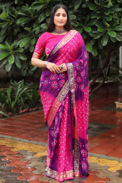 Purple &amp; Pink Hand Bandhej Bandhani Saree With Weaving Work