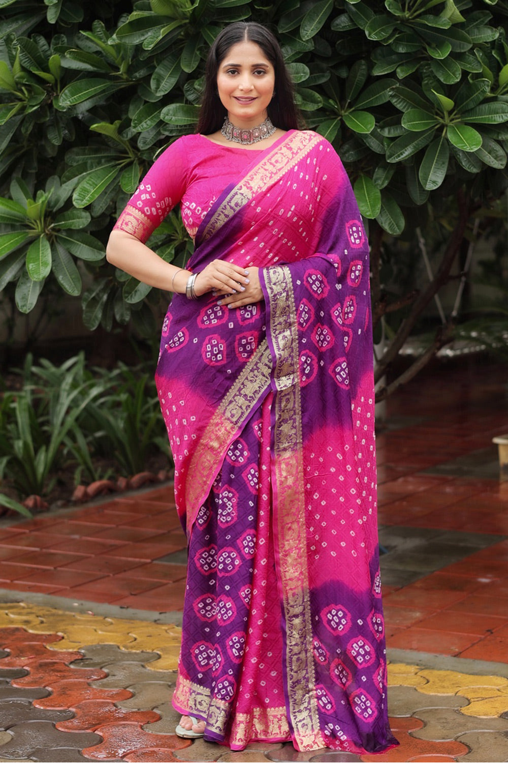 Purple &amp; Pink Hand Bandhej Bandhani Saree With Weaving Work