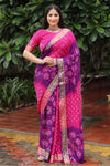 Purple & Pink Hand Bandhej Bandhani Saree With Weaving Work