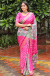 Pink & Grey Hand Bandhej Bandhani Saree With Weaving Work