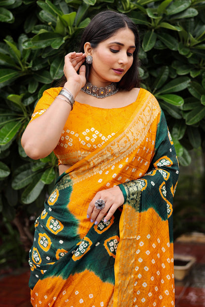 Mustard Yellow &amp; Green Hand Bandhej Bandhani Saree With Weaving Work