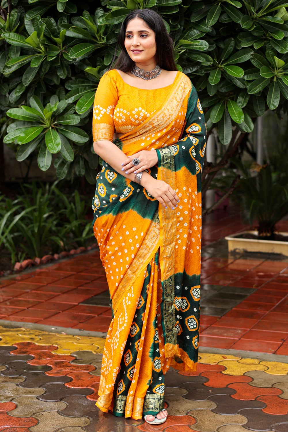 Mustard Yellow &amp; Green Hand Bandhej Bandhani Saree With Weaving Work