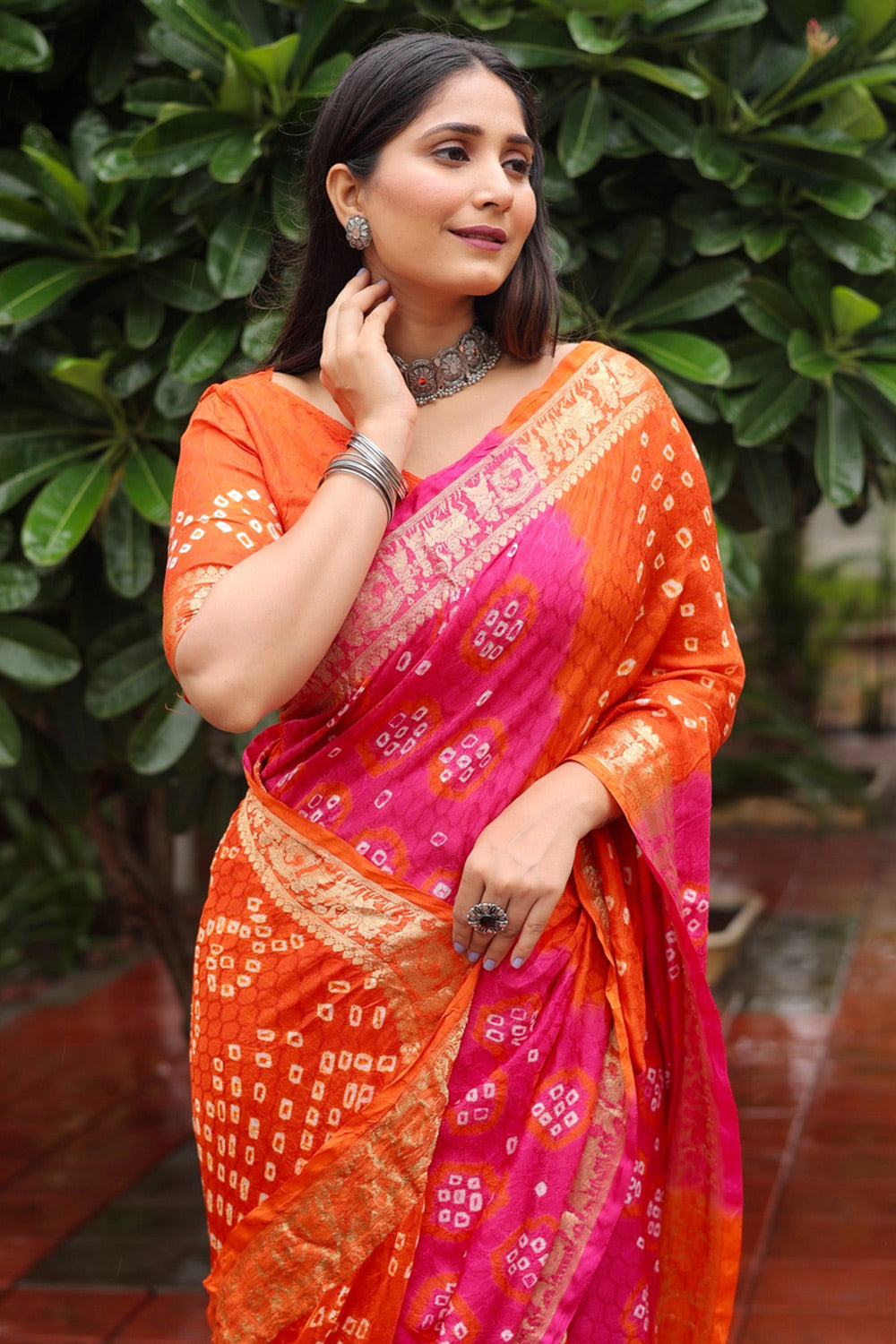 Orange &amp; Pink Hand Bandhej Bandhani Saree With Weaving Work