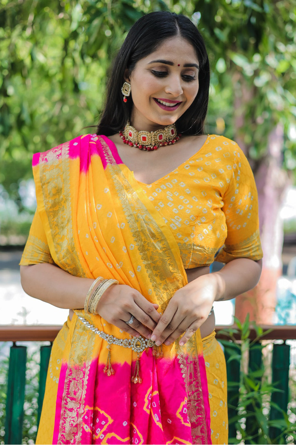 Yellow &amp; Pink Hand Bandhej Bandhani Saree With Weaving Work