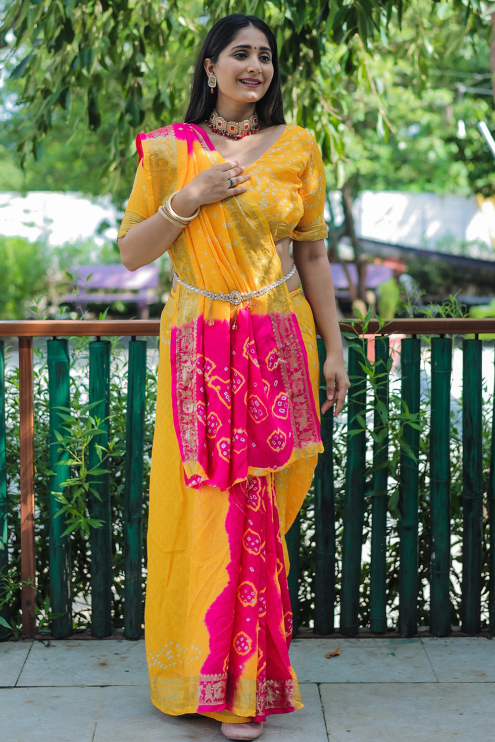 Yellow &amp; Pink Hand Bandhej Bandhani Saree With Weaving Work