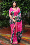 Pink & Green Hand Bandhej Bandhani Saree With Weaving Work