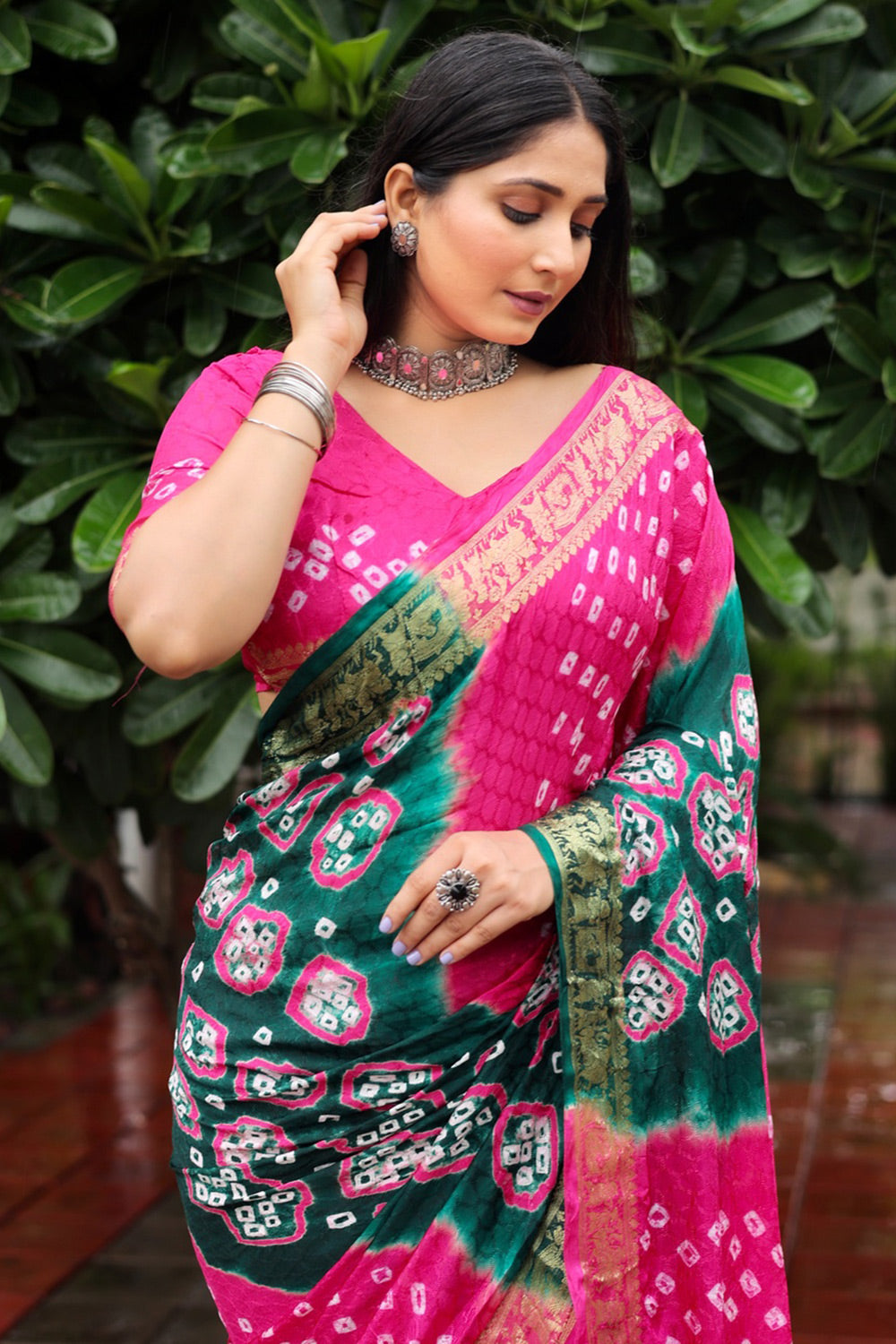 Pink &amp; Green Hand Bandhej Bandhani Saree With Weaving Work
