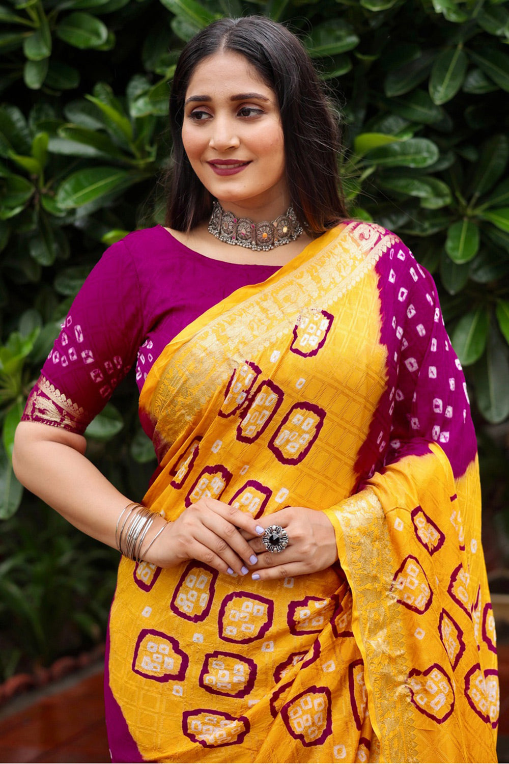 Magenta Pink &amp; Yellow Hand Bandhej Bandhani Saree With Weaving Work