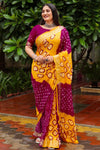Magenta Pink & Yellow Hand Bandhej Bandhani Saree With Weaving Work