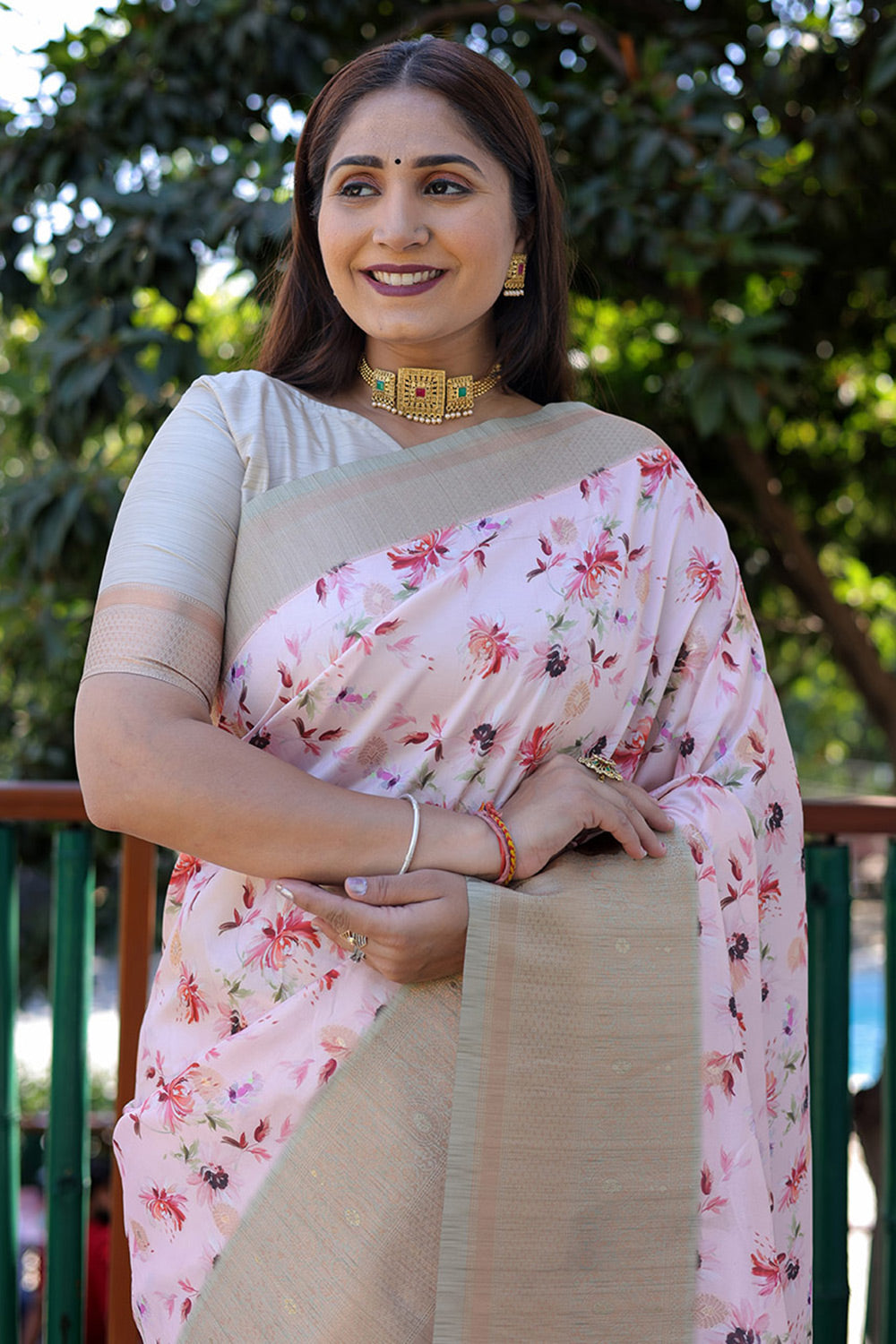 Baby Pink Banarasi Silk Saree With Digital Print &amp; Weaving Border