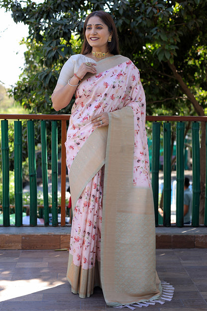 Baby Pink Banarasi Silk Saree With Digital Print &amp; Weaving Border