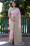 Baby Pink Banarasi Silk Saree With Digital Print & Weaving Border