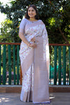 Light Lavender Banarasi Silk Saree With Digital Print & Weaving Border