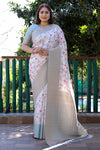 Off White & Baby Blue Banarasi Silk Saree With Digital Print & Weaving Border