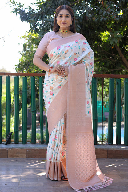Peach Banarasi Silk Saree With Digital Print &amp; Weaving Border