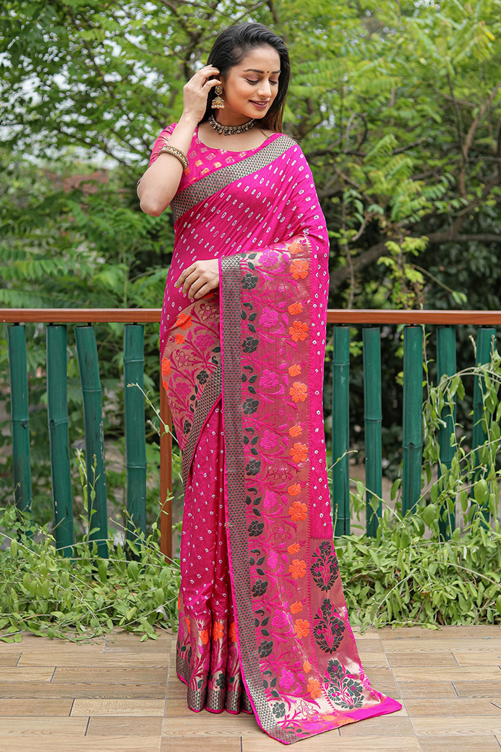 Rani Pink Hand Bandhej Bandhani Saree With Weaving Border