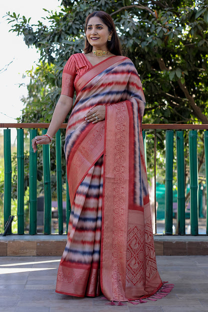 Blush Red Dola Silk Saree With Digital Printed &amp; Weaving Border