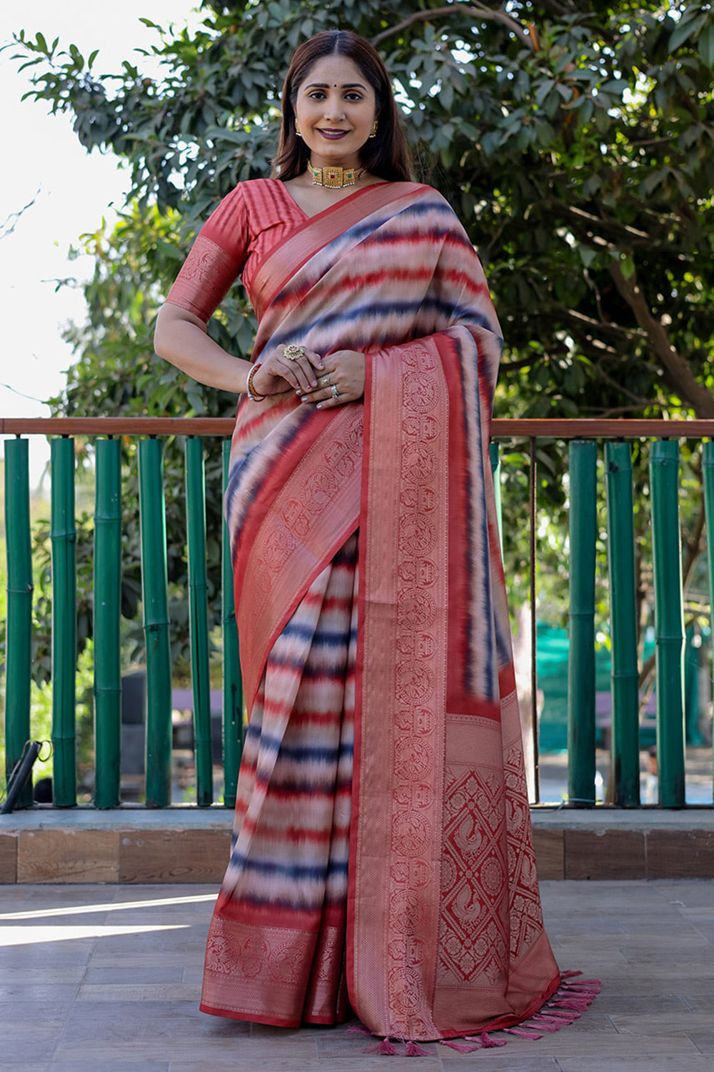 Blush Red Dola Silk Saree With Digital Printed &amp; Weaving Border