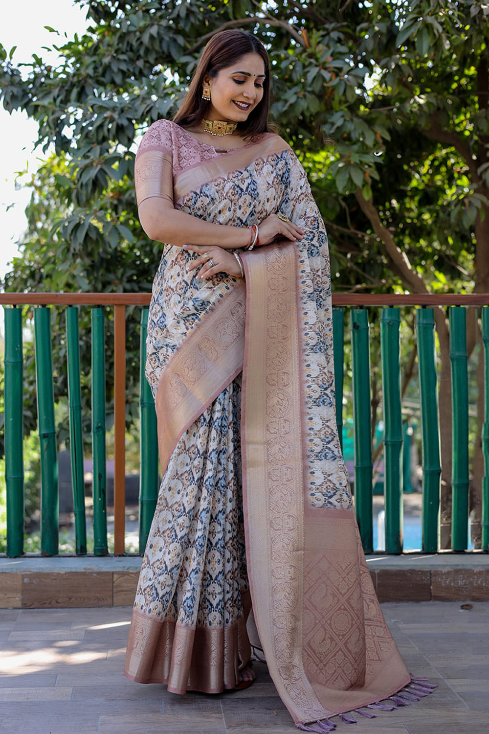 Light Brown Dola Silk Saree With Digital Printed &amp; Weaving Border